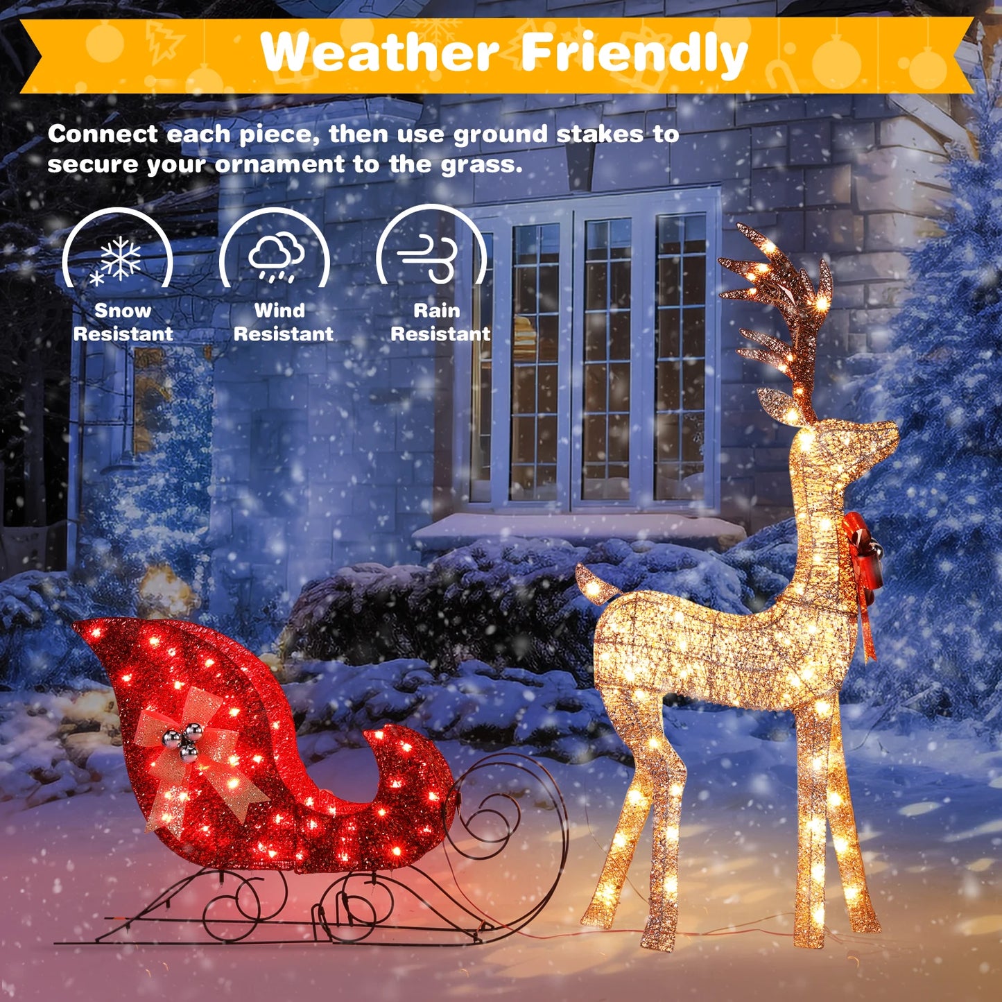 2-Piece Lighted Christmas Reindeer & Sleigh Set – Pre-Lit Indoor Outdoor Holiday Decoration for Front Yard, Lawn, Porch & Home Décor
