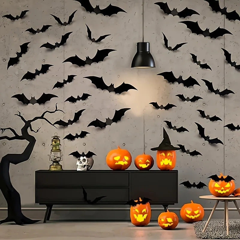 3D Black Bat Wall Stickers – 12/24/36 Pcs Halloween Decoration Set for Home, Windows & Party Décor