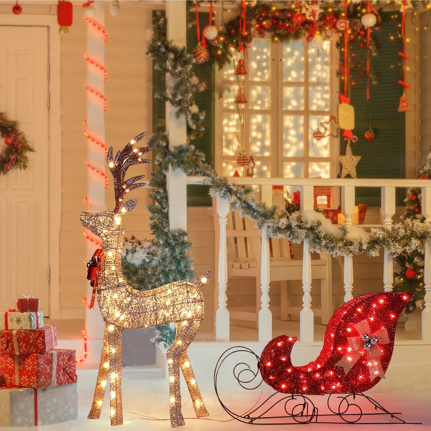 2-Piece Lighted Christmas Reindeer & Sleigh Set – Pre-Lit Indoor Outdoor Holiday Decoration for Front Yard, Lawn, Porch & Home Décor