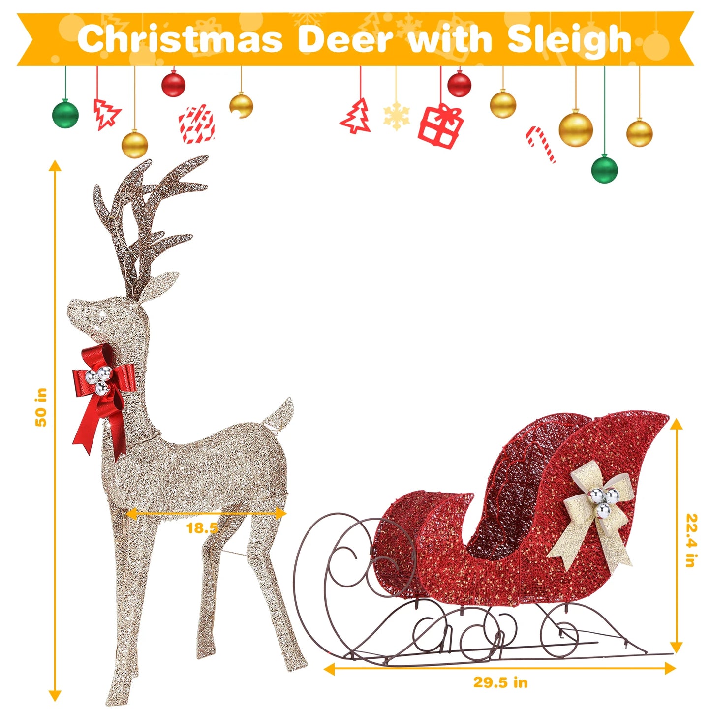 2-Piece Lighted Christmas Reindeer & Sleigh Set – Pre-Lit Indoor Outdoor Holiday Decoration for Front Yard, Lawn, Porch & Home Décor