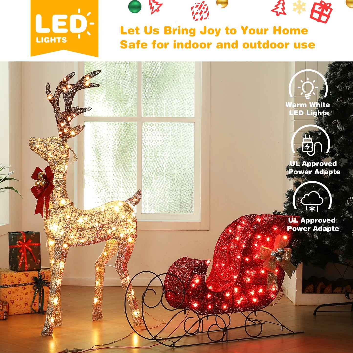 2-Piece Lighted Christmas Reindeer & Sleigh Set – Pre-Lit Indoor Outdoor Holiday Decoration for Front Yard, Lawn, Porch & Home Décor