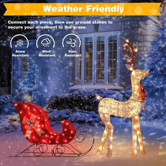 2-Piece Lighted Christmas Reindeer & Sleigh Set – Pre-Lit Indoor Outdoor Holiday Decoration for Front Yard, Lawn, Porch & Home Décor