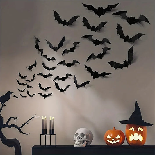 3D Black Bat Wall Stickers – 12/24/36 Pcs Halloween Decoration Set for Home, Windows & Party Décor