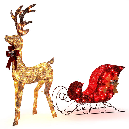 2-Piece Lighted Christmas Reindeer & Sleigh Set – Pre-Lit Indoor Outdoor Holiday Decoration for Front Yard, Lawn, Porch & Home Décor